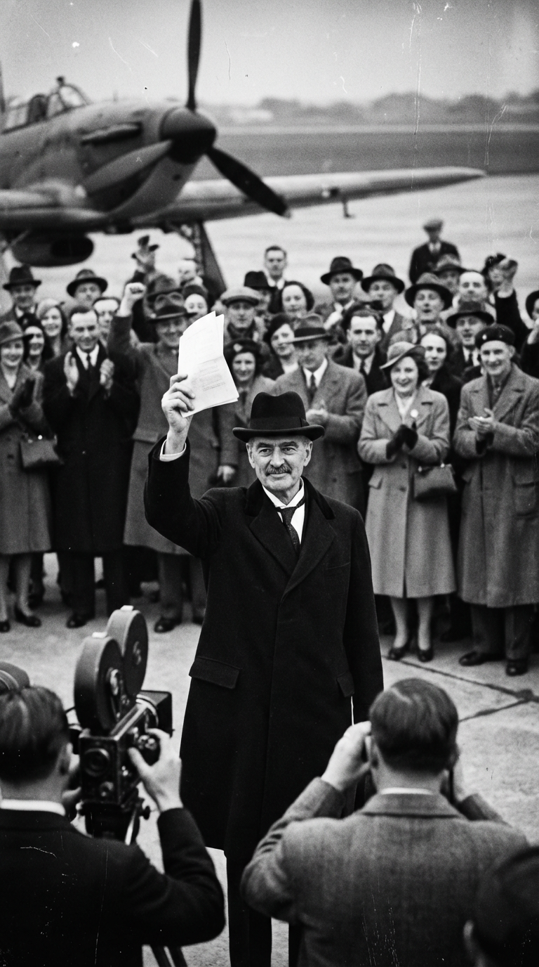 Neville Chamberlain waving the Munich Agreement declaring peace for our time
