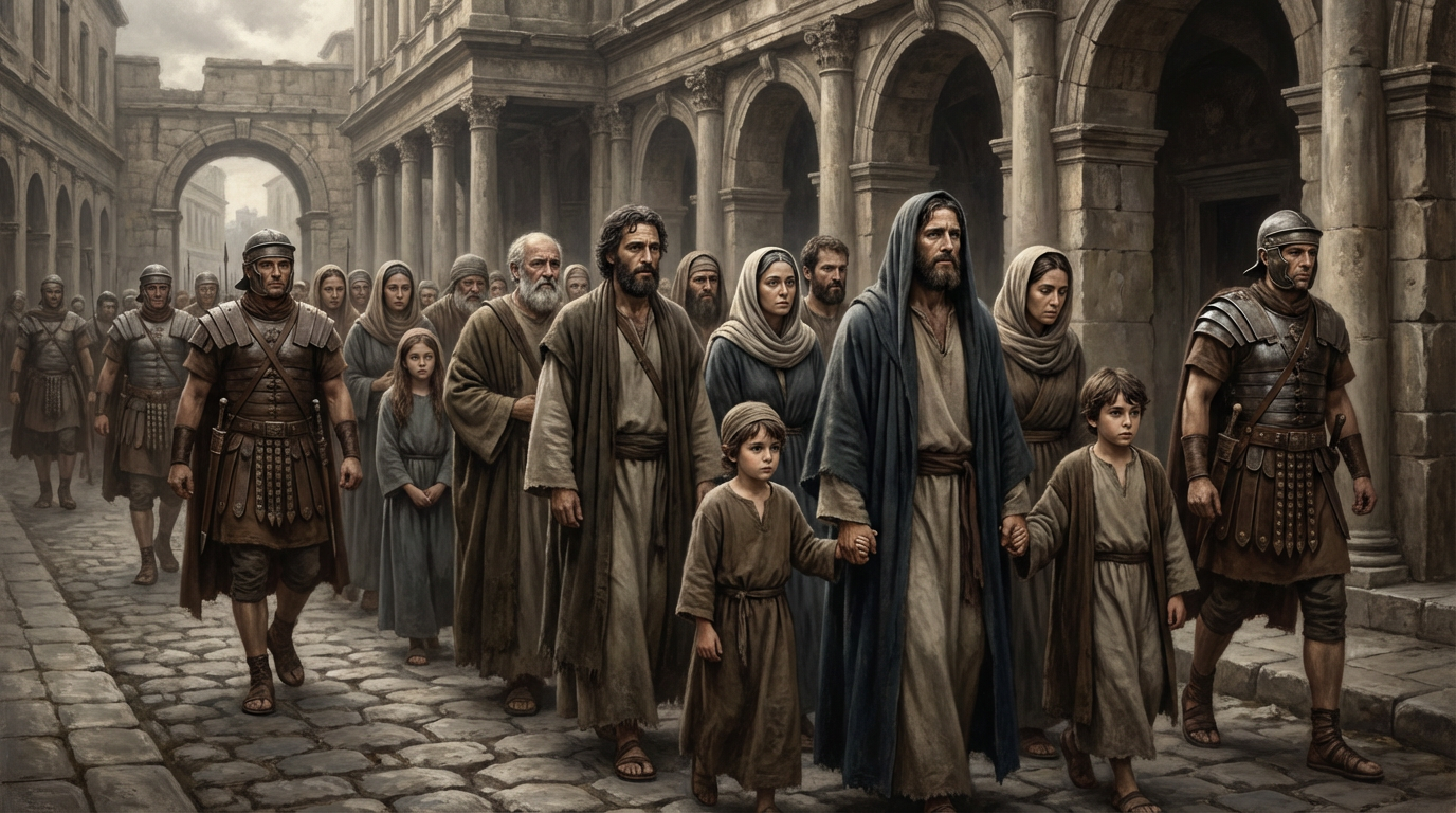 Early Christians being led through Roman streets