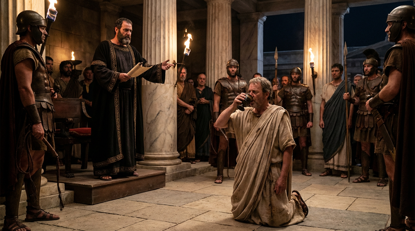 Critias forces Theramenes to drink hemlock in ancient Athens council chamber