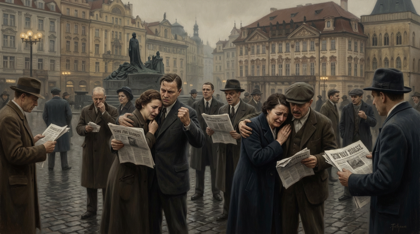 Czech citizens in Prague learning of the Munich betrayal in 1938