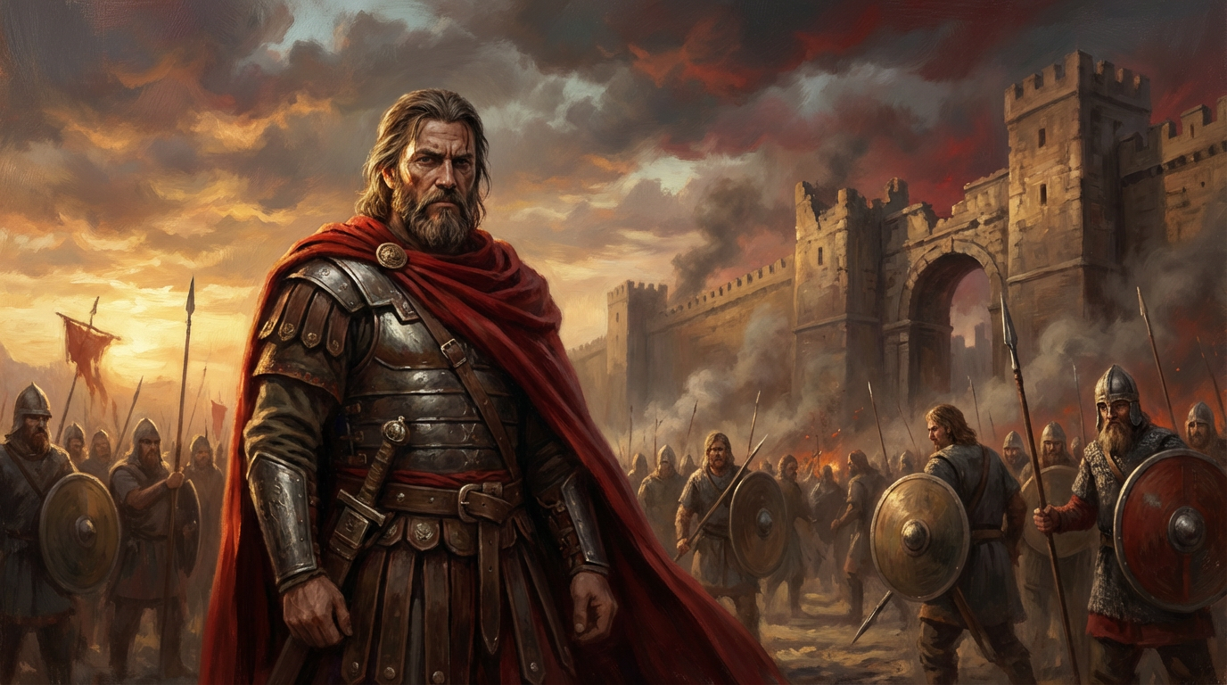 Alaric I, King of the Visigoths, standing at the gates of Rome in 410 CE