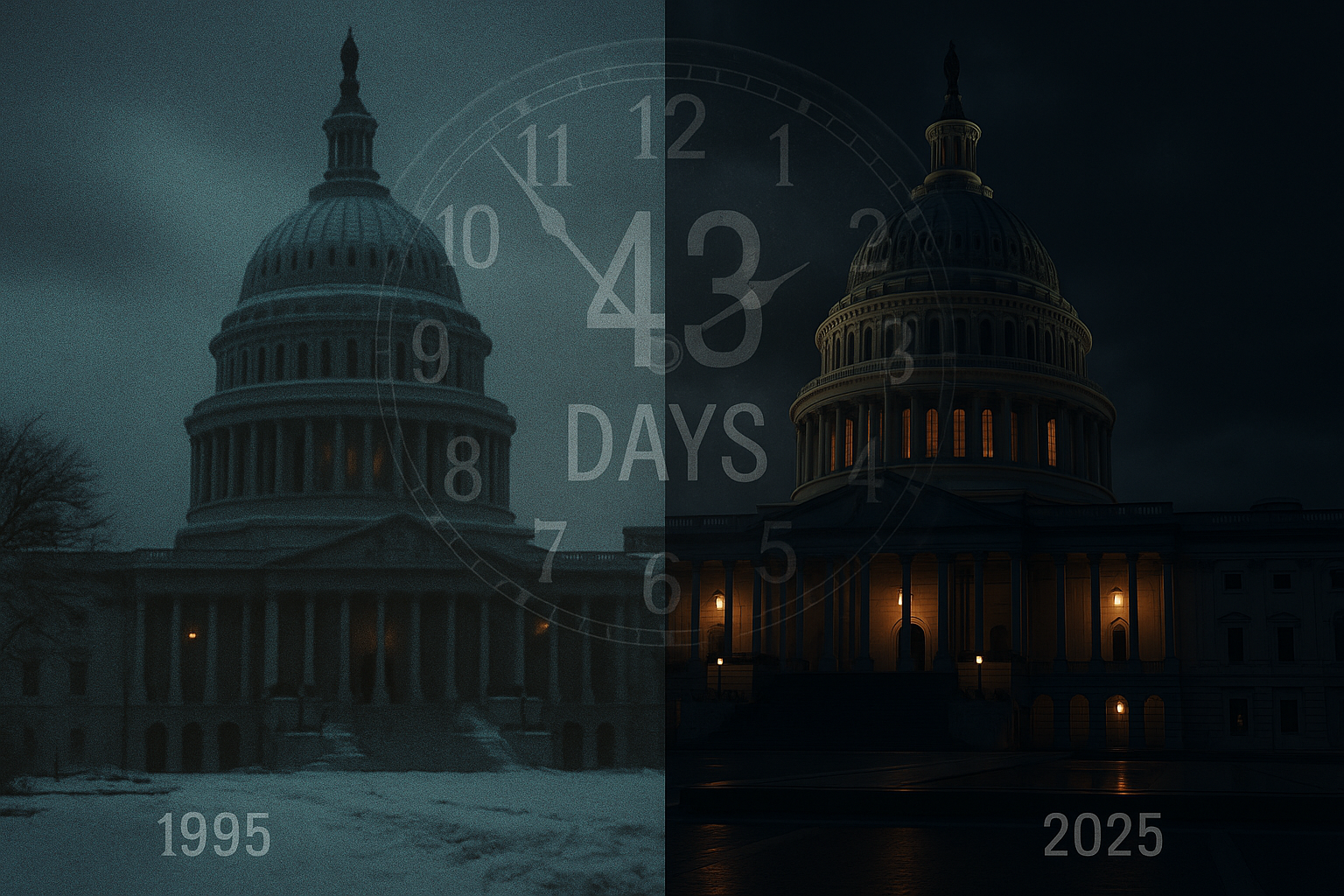 Feature image showing 1995 vs 2025 government shutdown comparison