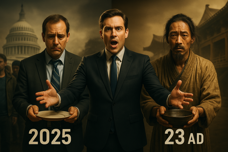 Split screen showing 2025 federal worker and 23 AD Chinese peasant with announcer in center