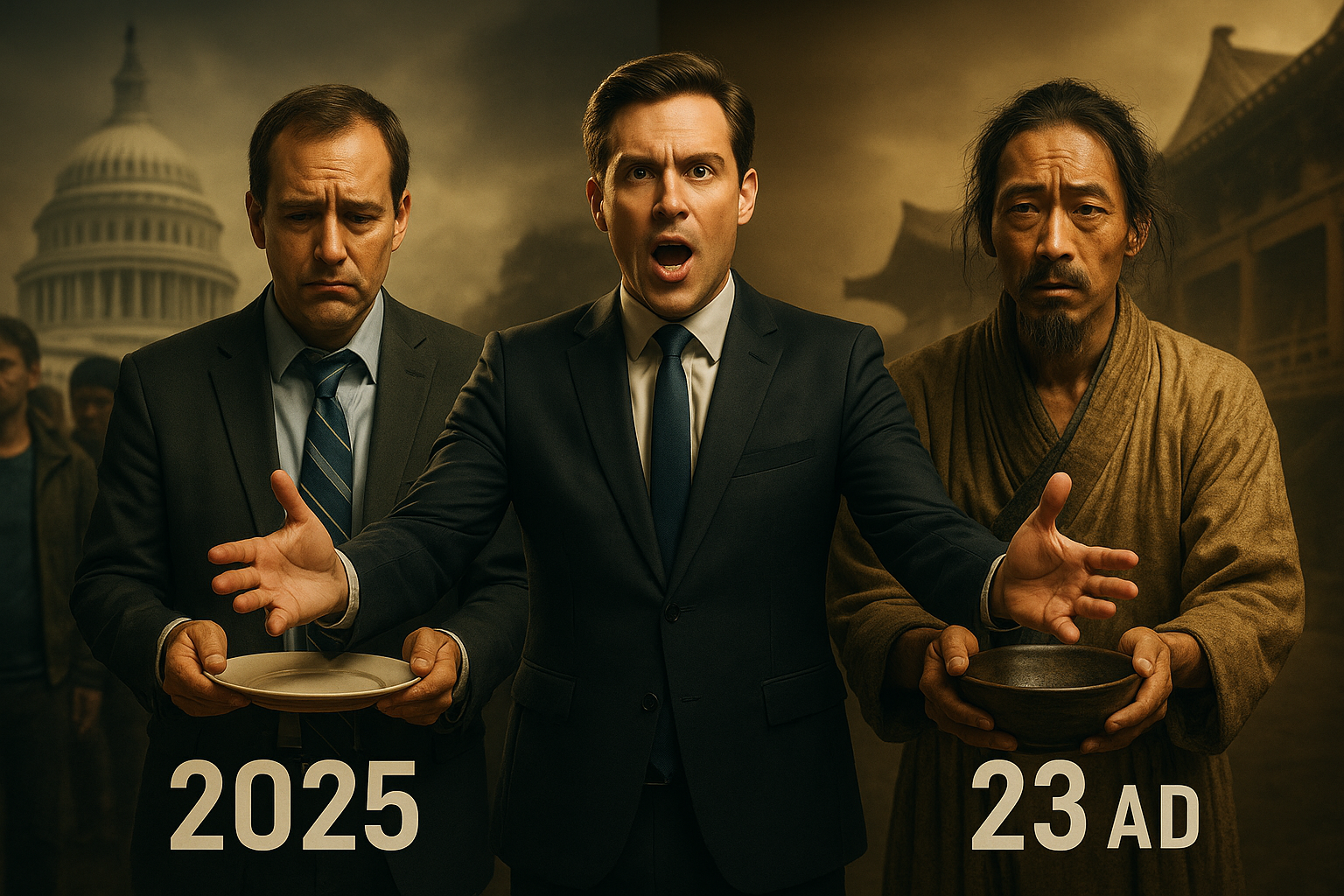 Split screen showing 2025 federal worker and 23 AD Chinese peasant with announcer in center