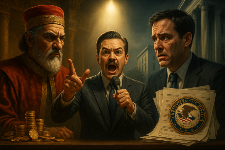 Ancient Persian judge Sisamnes and modern DOJ attorney face-off with announcer