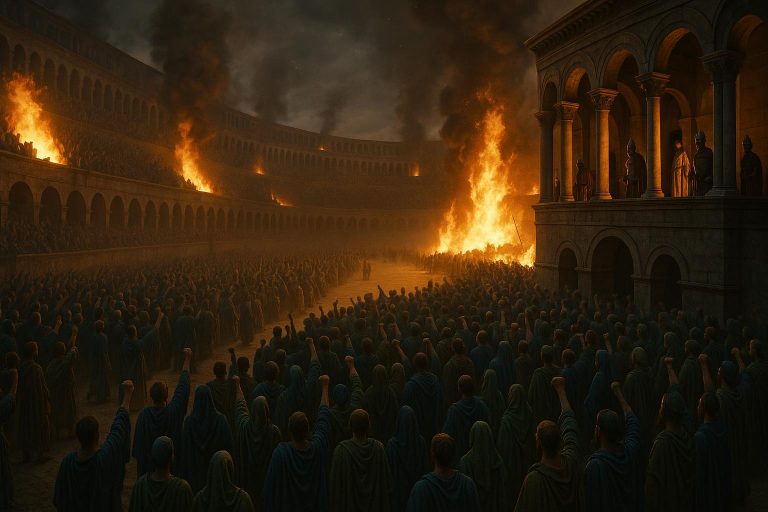 Nika Riots in Constantinople 532 AD - Hippodrome burning with thousands protesting