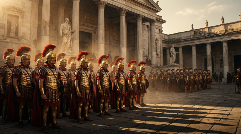 Roman Praetorian Guards standing in formation at the Palatine Hill palace