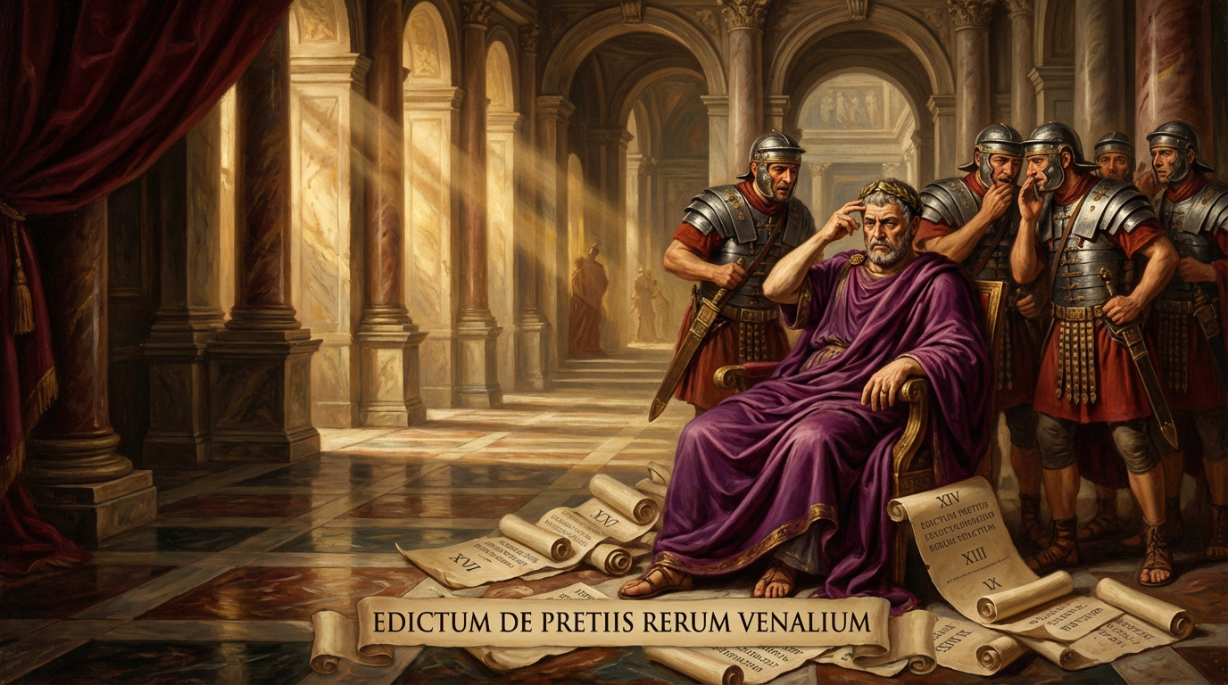 Emperor Diocletian in his palace surrounded by scrolls showing price controls