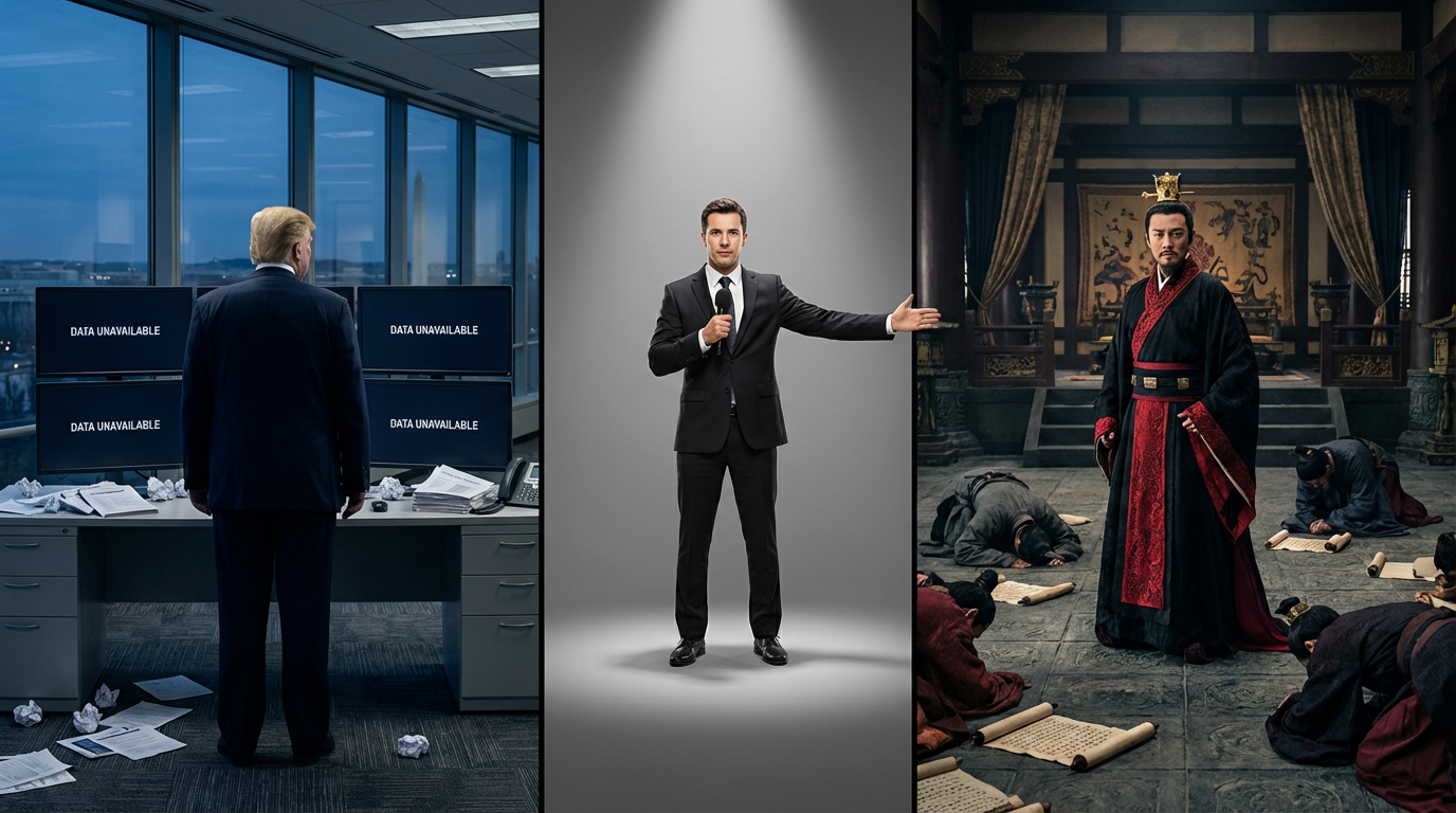 Split screen showing Trump with cancelled economic reports and Emperor Qin Er Shi with executed messengers