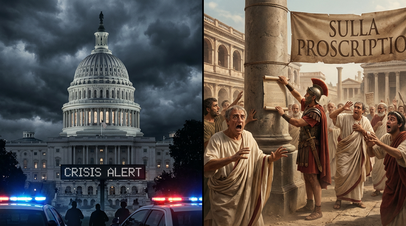 Split screen: US Capitol during crisis and Sulla's proscription lists being posted in ancient Rome