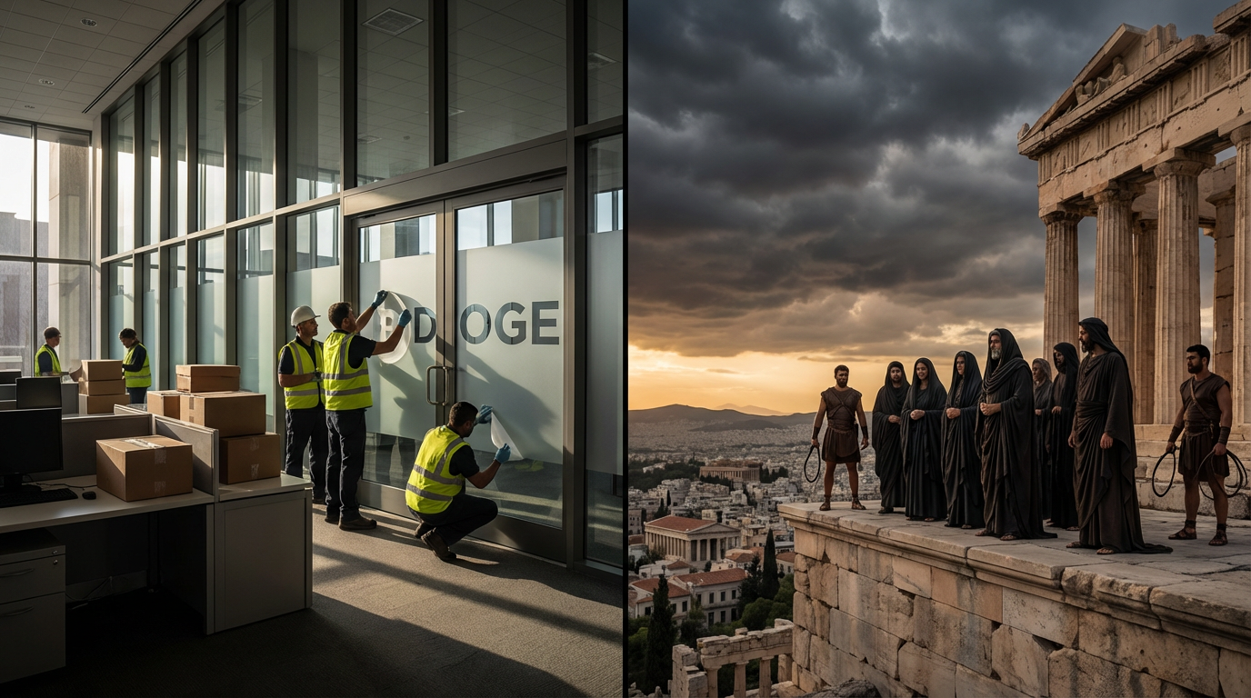 Split screen: Modern DOGE office being dismantled and ancient Thirty Tyrants of Athens on the Acropolis