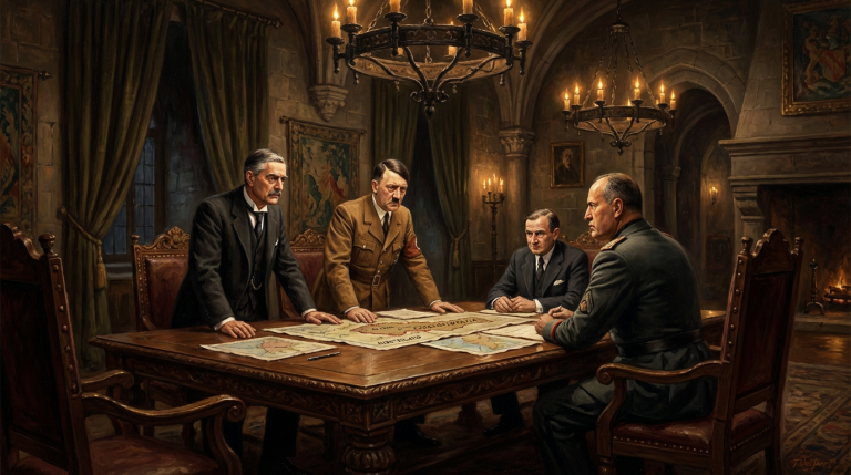 Munich Conference 1938 - Chamberlain, Hitler, Daladier, and Mussolini deciding Czechoslovakia&#039;s fate
