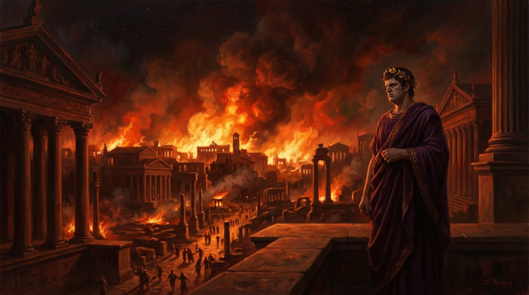Emperor Nero watching Rome burn in 64 AD