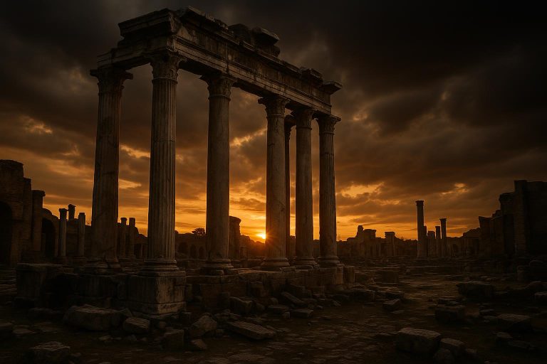 Ancient Roman Senate ruins at sunset symbolizing the fall of the Republic