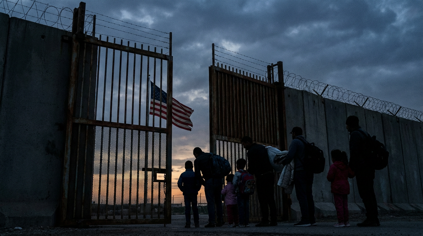 Refugees standing before closed gates