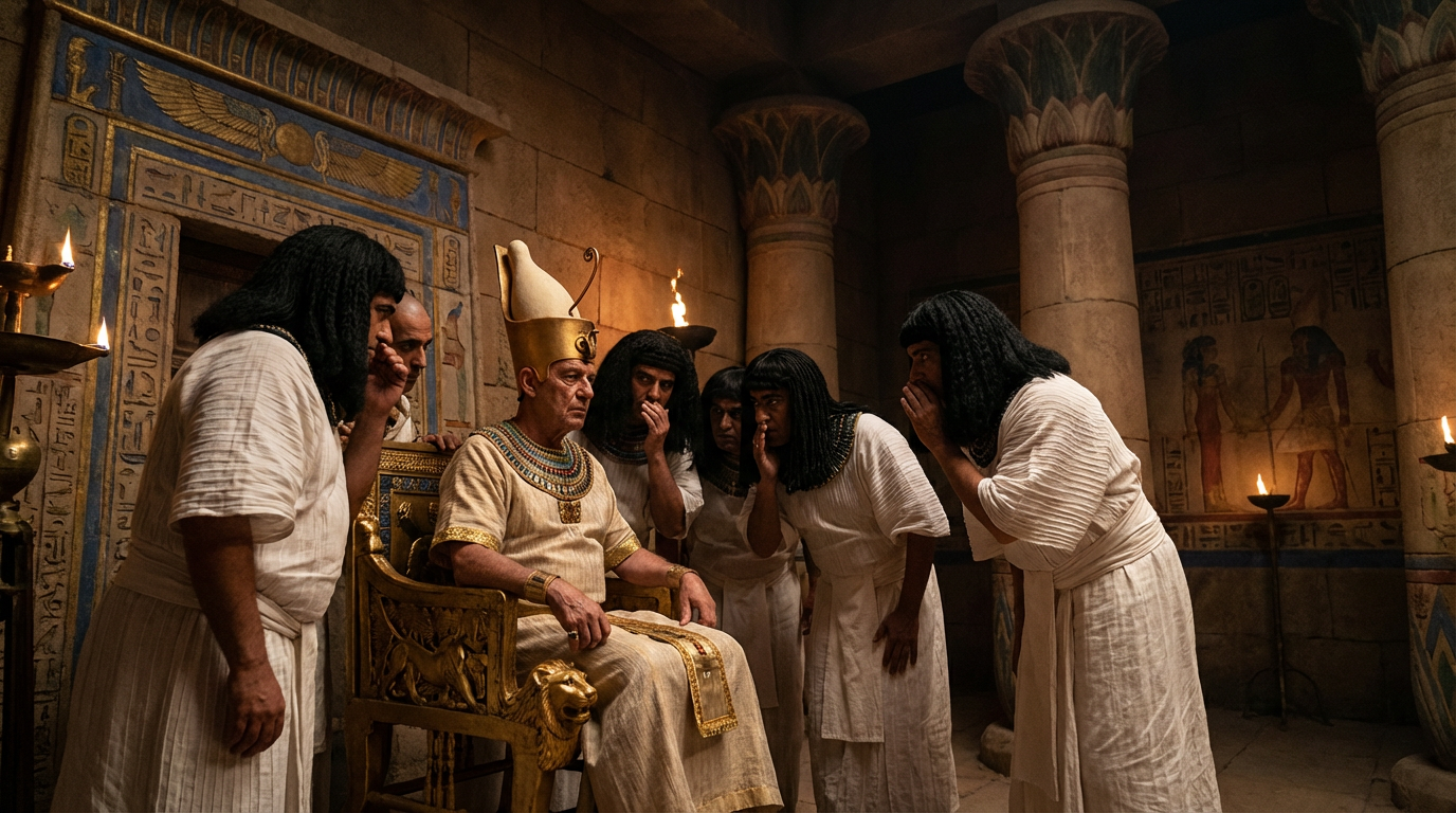 Ramesses III in his throne room surrounded by conspirators