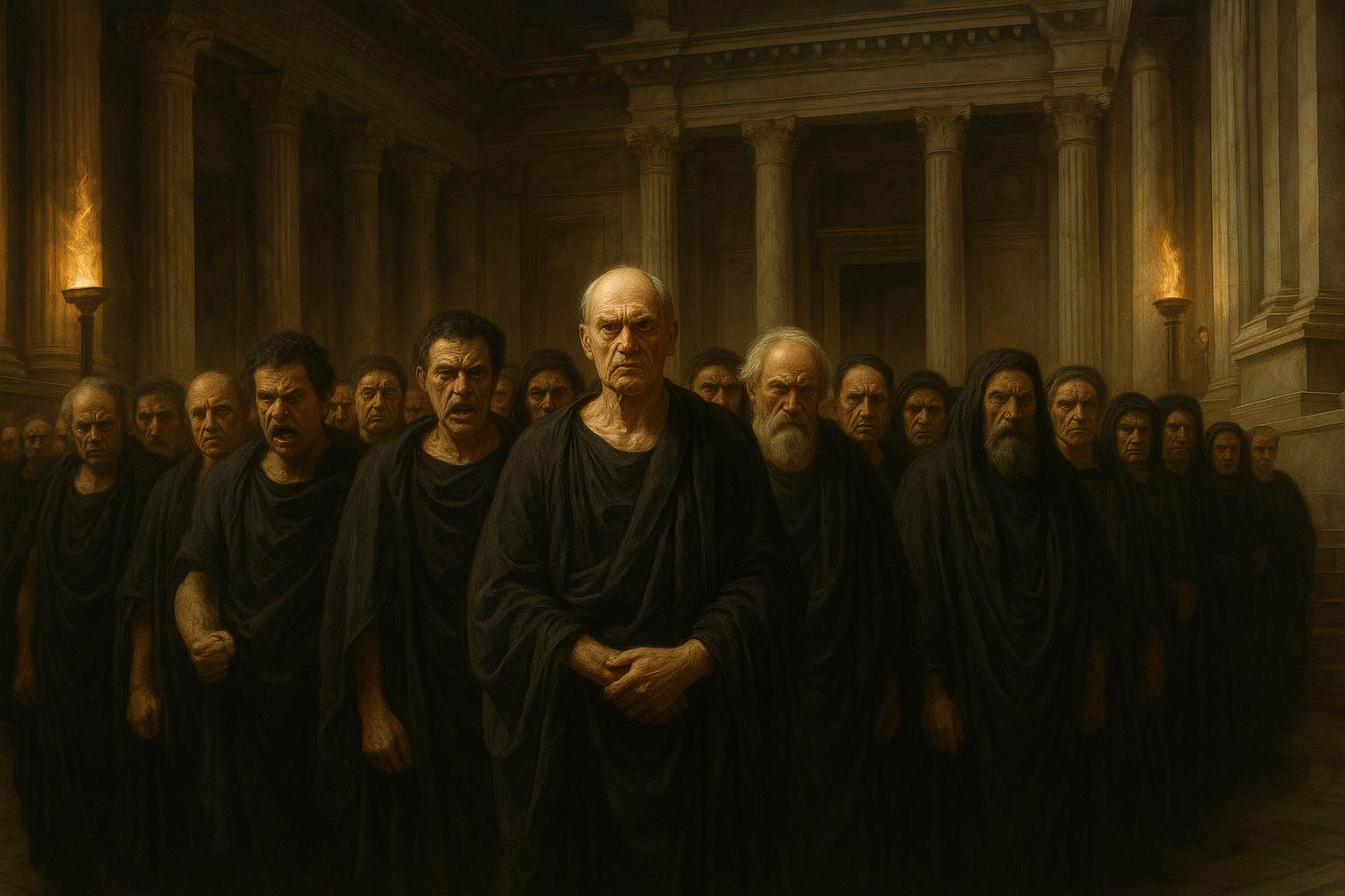 Roman senators in black mourning clothes shutting down the government