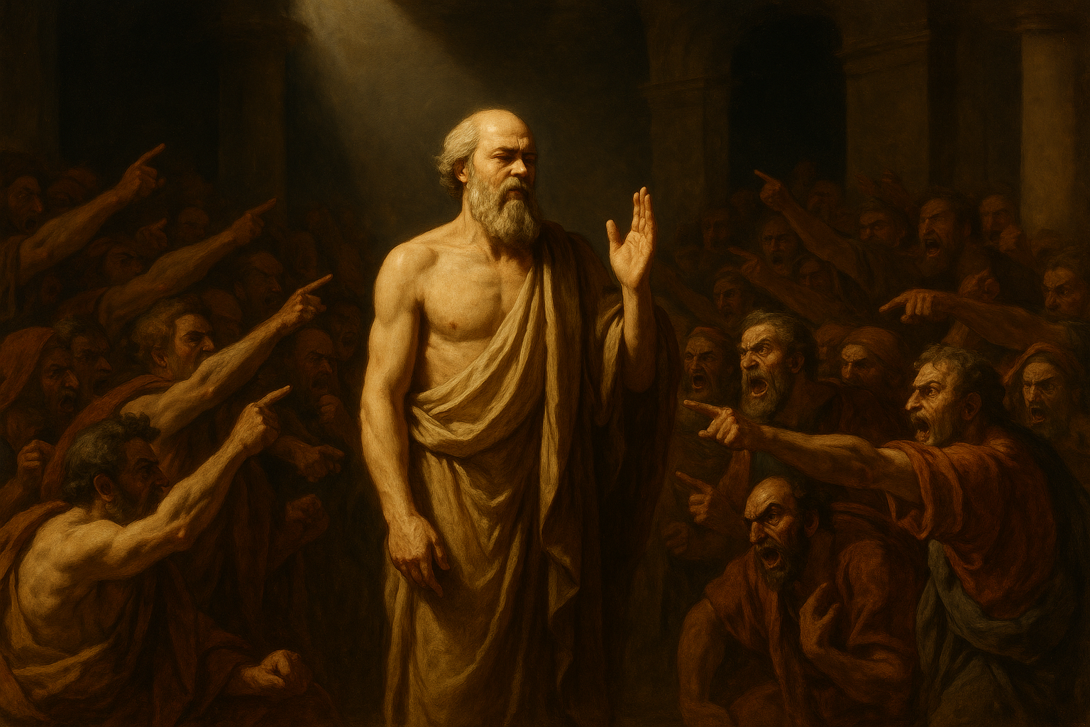 Socrates standing alone in defiance during the unconstitutional trial