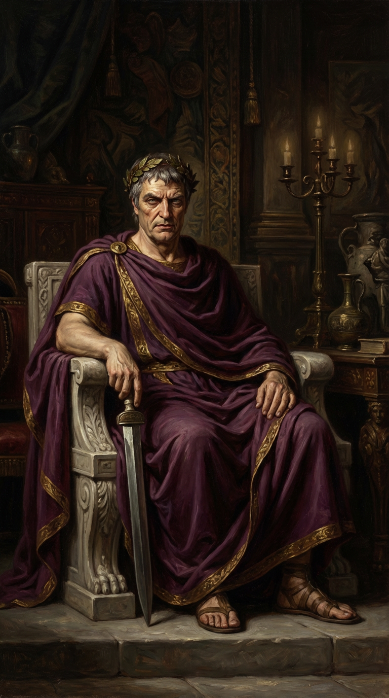 Lucius Cornelius Sulla as dictator of Rome, seated on throne with sword