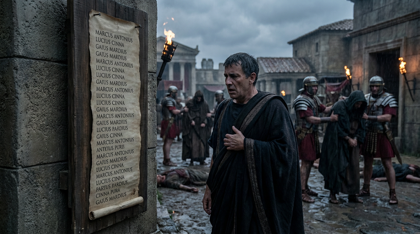 A Roman senator sees his name on Sulla's proscription list in the Forum as soldiers arrest citizens