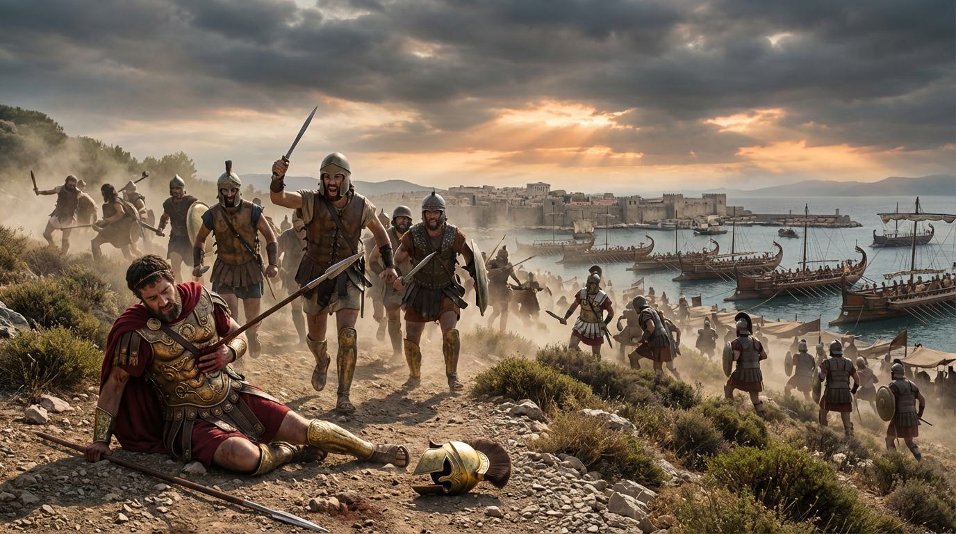 Democratic forces defeat the Thirty Tyrants at the Battle of Piraeus as Critias falls