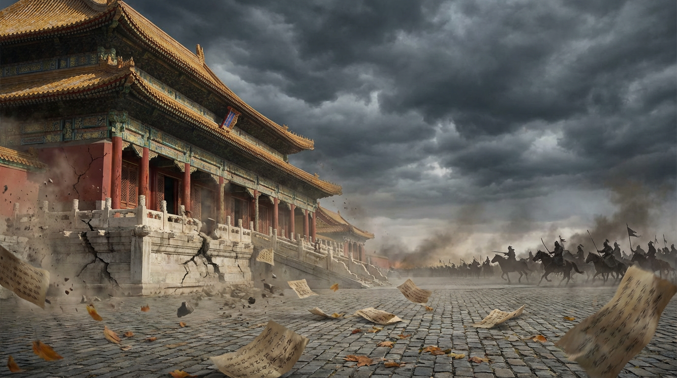Crumbling Chinese palace with Mongol cavalry approaching, symbolizing the collapse of the Song Dynasty
