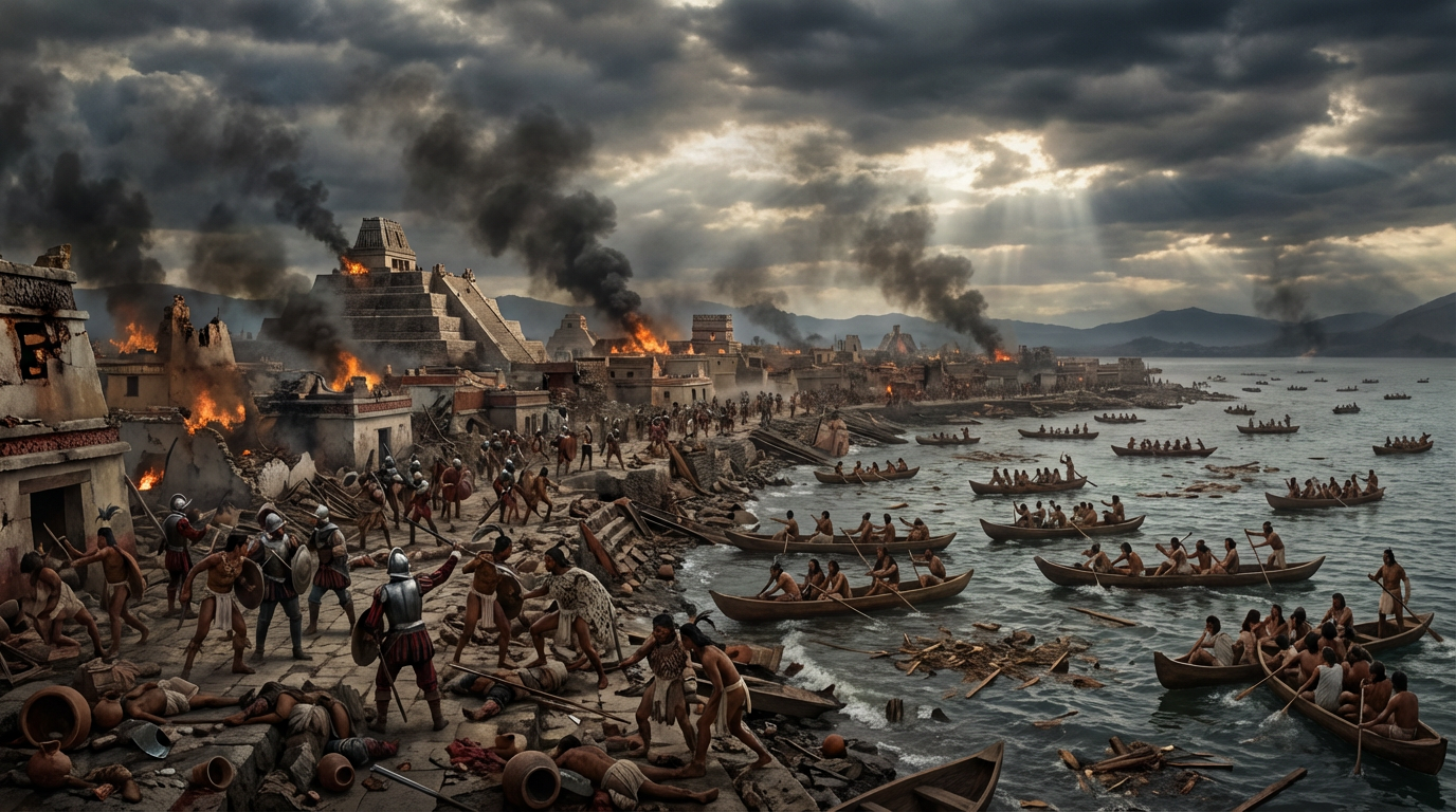 The fall of Tenochtitlan in 1521 showing the burning city and fleeing refugees