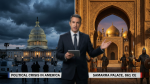 Split screen showing modern US Capitol and ancient Samarra palace with Turkish guards
