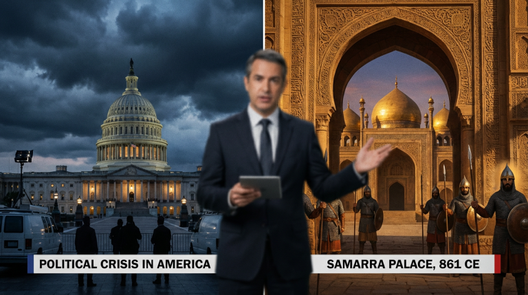 Split screen showing modern US Capitol and ancient Samarra palace with Turkish guards