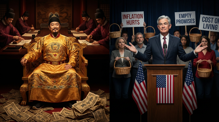 Split screen comparison of Song Dynasty emperor surrounded by worthless paper money and modern political figure with economic protesters