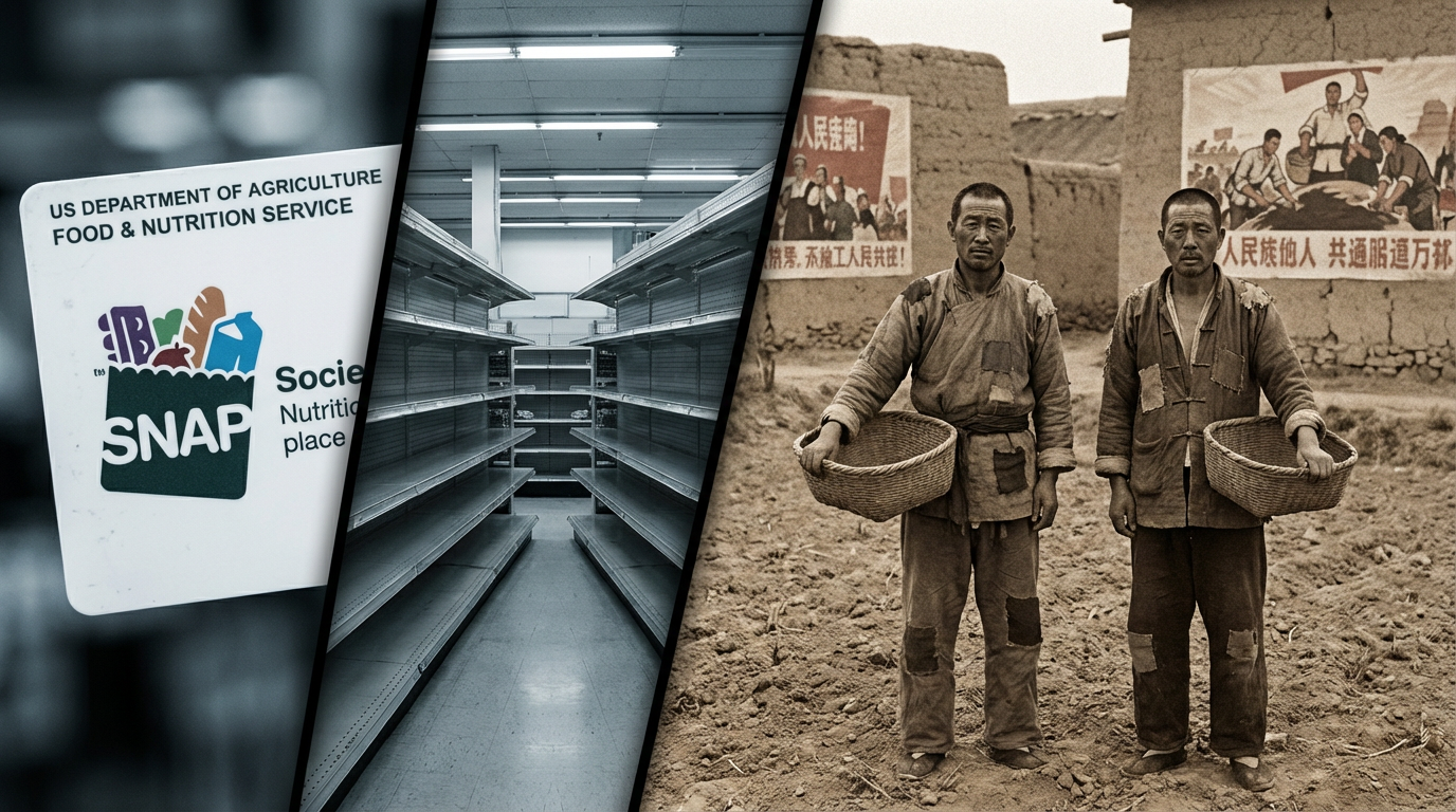 Split screen showing modern SNAP benefits and historical Chinese famine