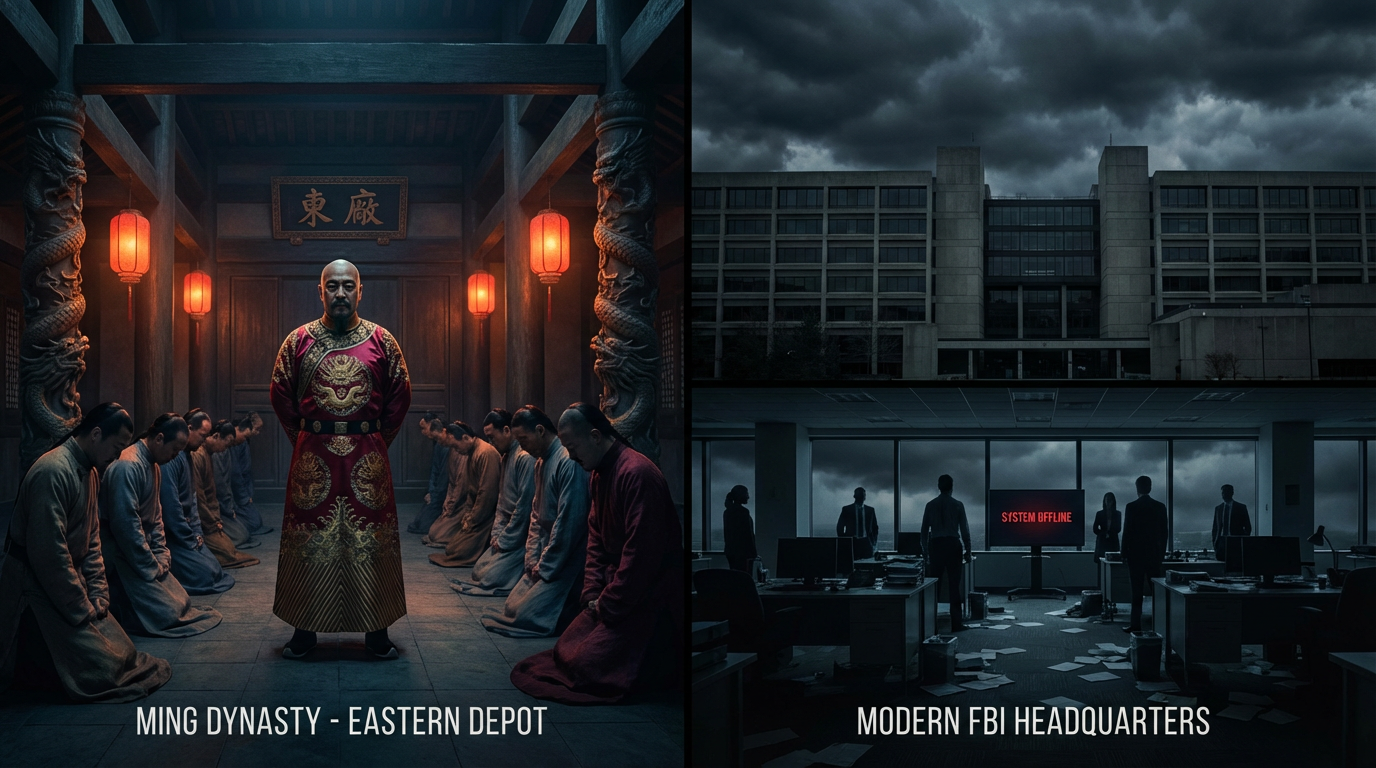 Split screen showing Ming Dynasty Eastern Depot under Wei Zhongxian and modern FBI headquarters in crisis
