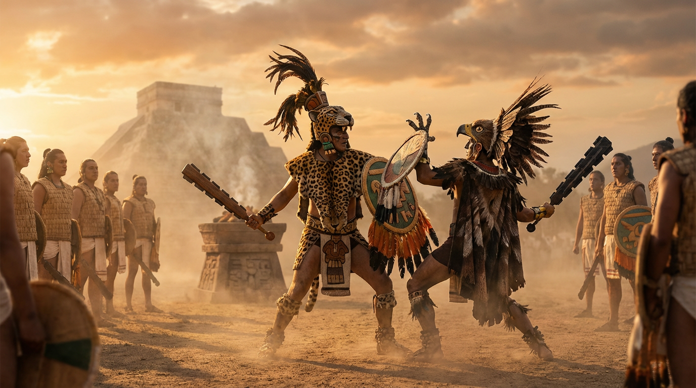 Aztec Flower War ritual combat between Jaguar and Eagle warriors