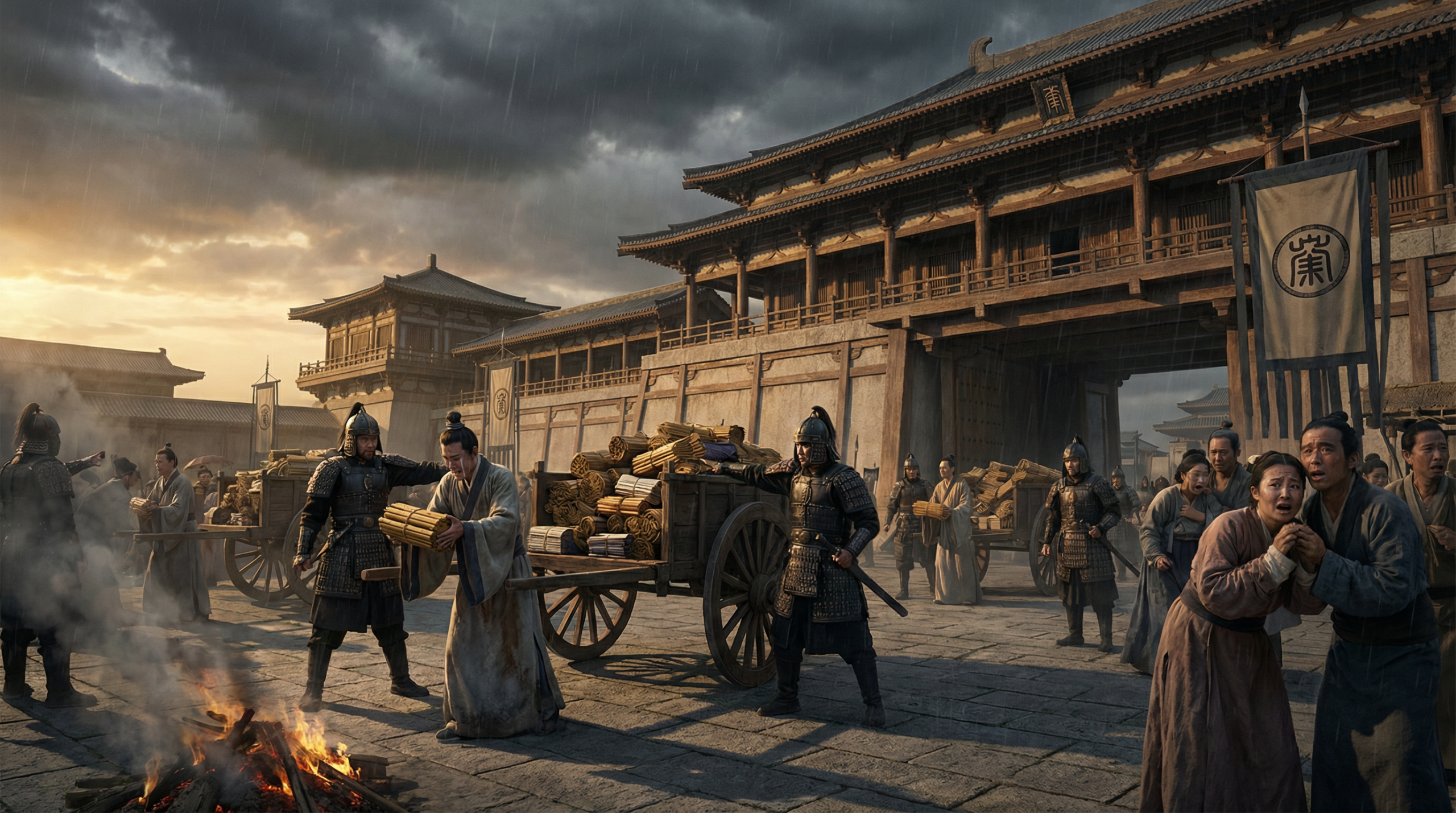 Qin Dynasty soldiers confiscating books from scholars in ancient China