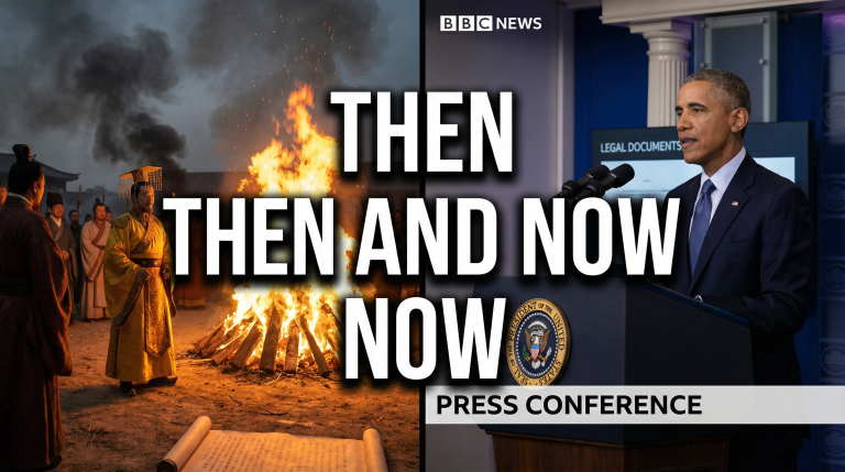 Split screen showing Qin Dynasty book burning and Trump BBC lawsuit with THEN AND NOW text overlay