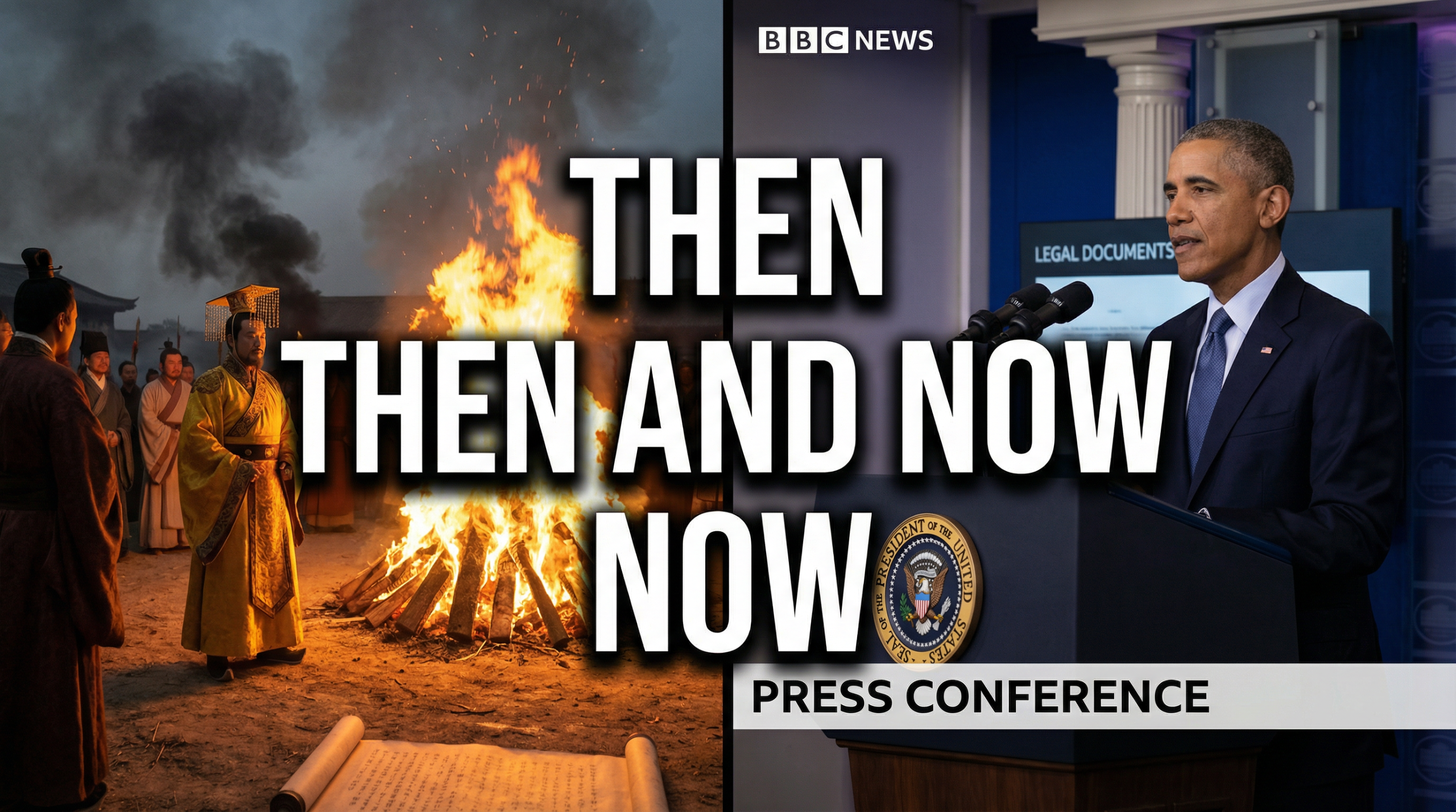 Split screen showing Qin Dynasty book burning and Trump BBC lawsuit with THEN AND NOW text overlay