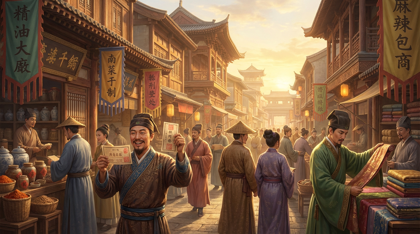 Bustling Song Dynasty marketplace showing prosperous merchants exchanging the world's first paper money