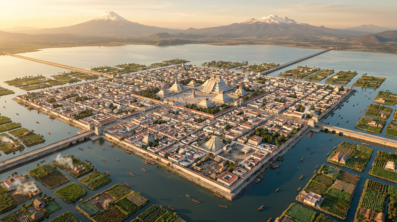 Aerial view of Tenochtitlan at its height showing the magnificent island city