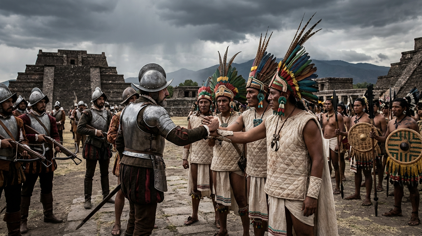 Hernán Cortés meeting with Tlaxcalan leaders forming their alliance against the Aztecs