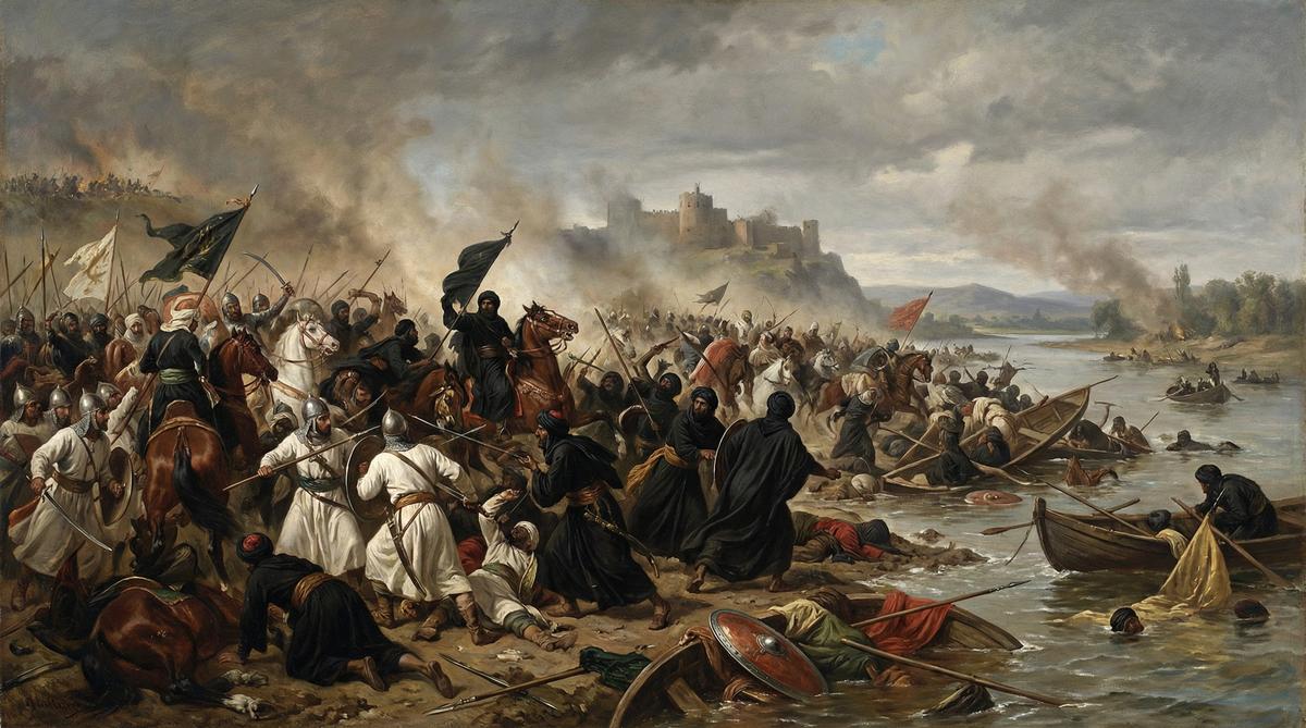The Battle of the Zab in 750 CE, showing the Umayyad army in white being overwhelmed by the Abbasid army in black.
