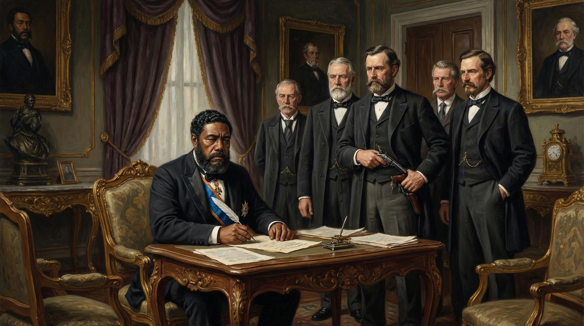 King Kalakaua being forced to sign the Bayonet Constitution at gunpoint in 1887.