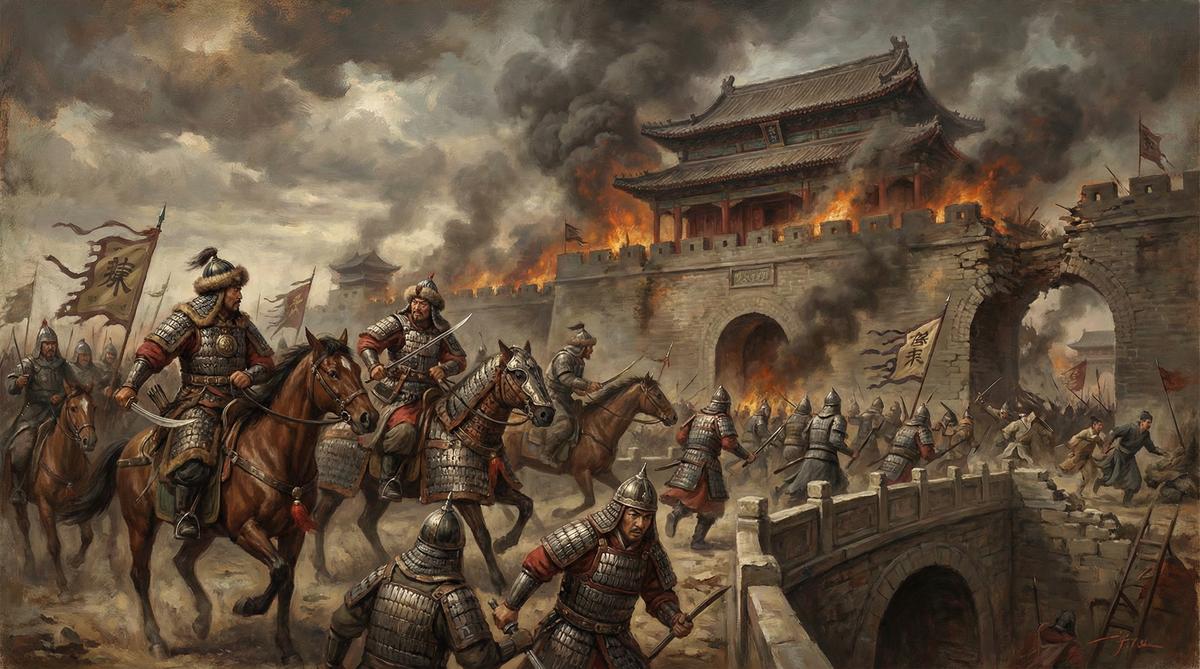 Jurchen invaders sacking the Song Dynasty capital of Kaifeng in 1126, ending the Northern Song