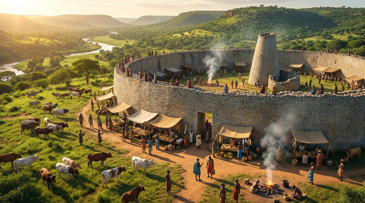 Great Zimbabwe at its peak in the 14th century, a bustling African trade city with massive stone walls