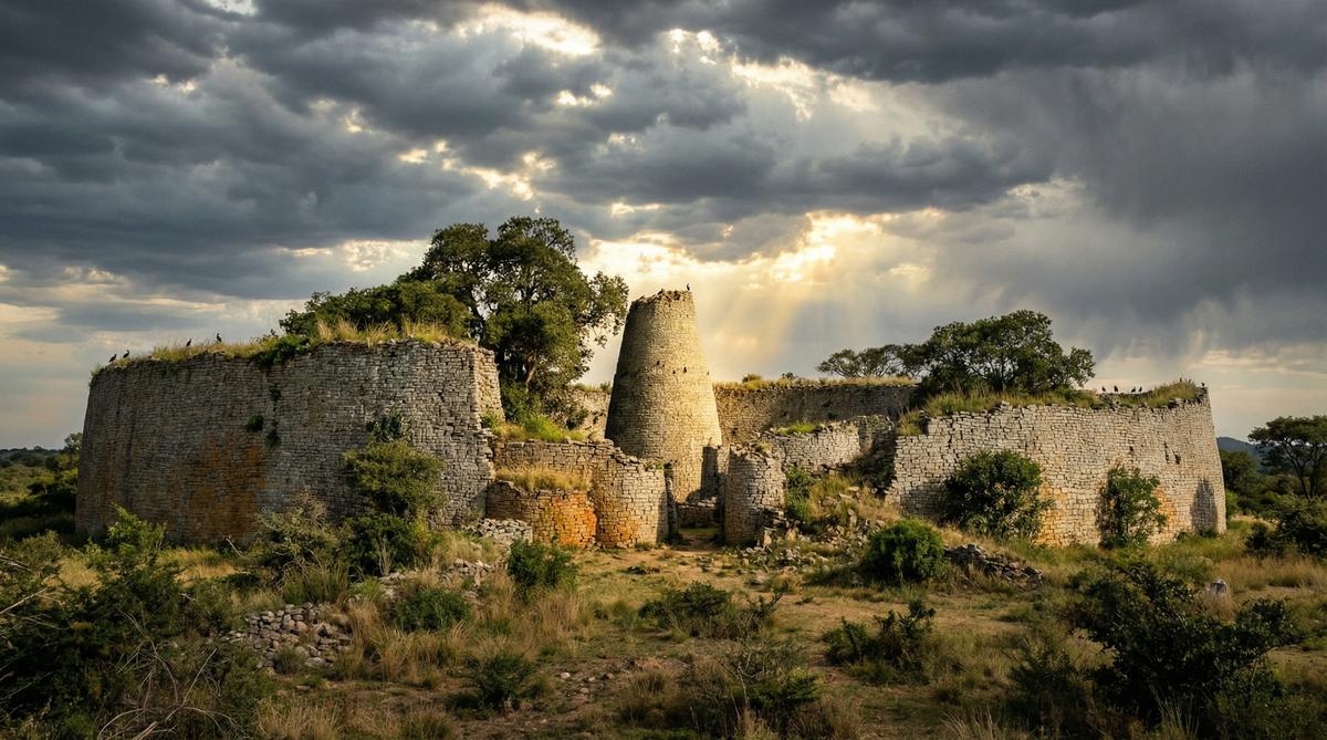 The abandoned ruins of Great Zimbabwe today, massive stone walls reclaimed by nature