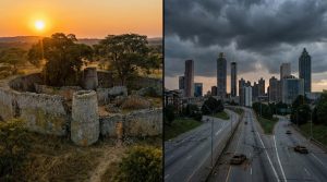 Split screen: Ancient ruins of Great Zimbabwe and modern American city skyline, symbolizing parallel collapse