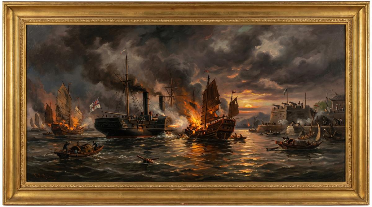 The HMS Nemesis destroying Chinese war junks during the First Opium War, 1841
