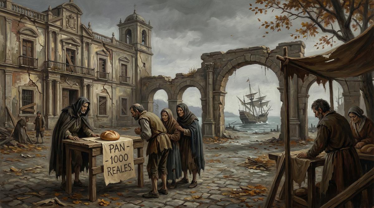 A declining Spanish marketplace during the Price Revolution, with impoverished citizens facing soaring bread prices.
