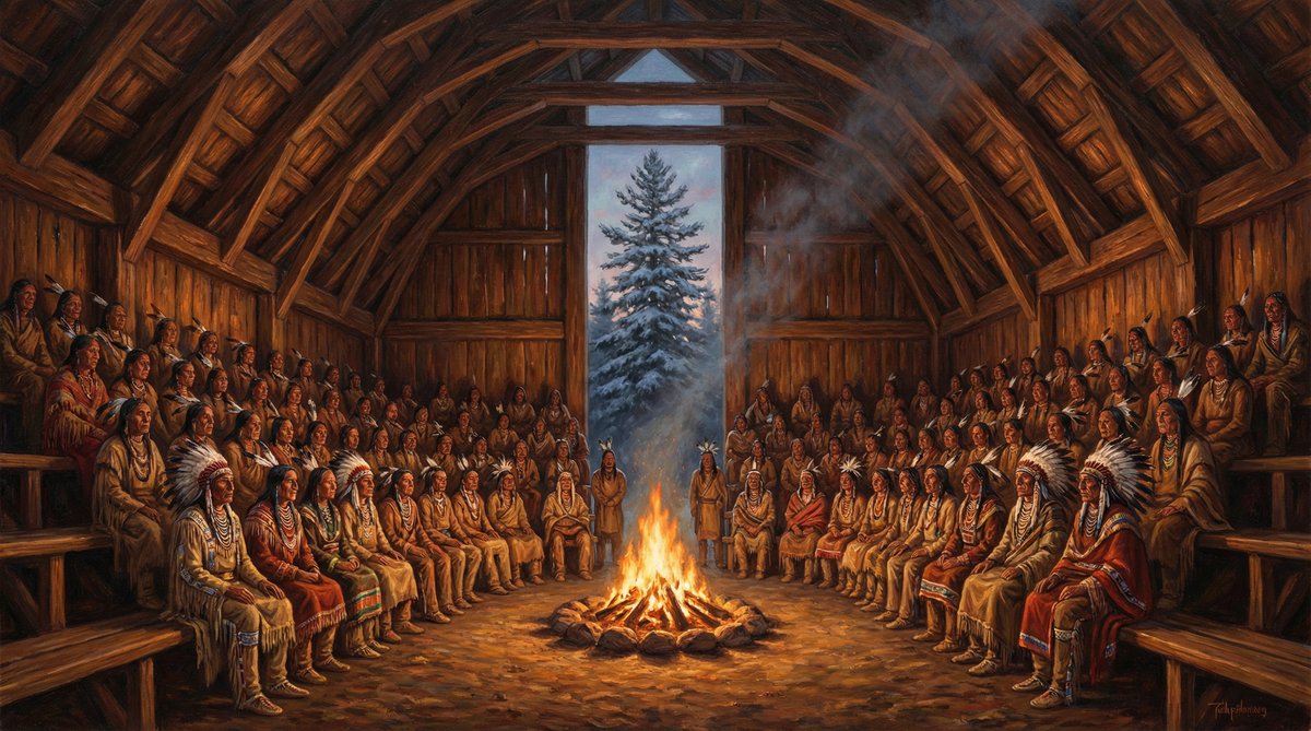 The founding council of the Iroquois Confederacy in the Great Longhouse with the Tree of Peace