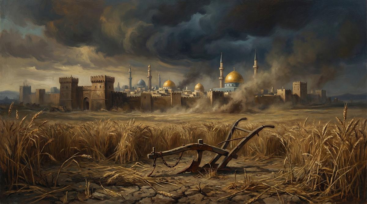 A dramatic painting of abandoned Byzantine wheat fields with a broken plow, Constantinople's golden domes visible in the distance under dark storm clouds.