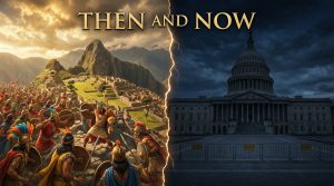 Split-screen: Inca Civil War battle scene vs modern US Capitol shutdown - Then and Now